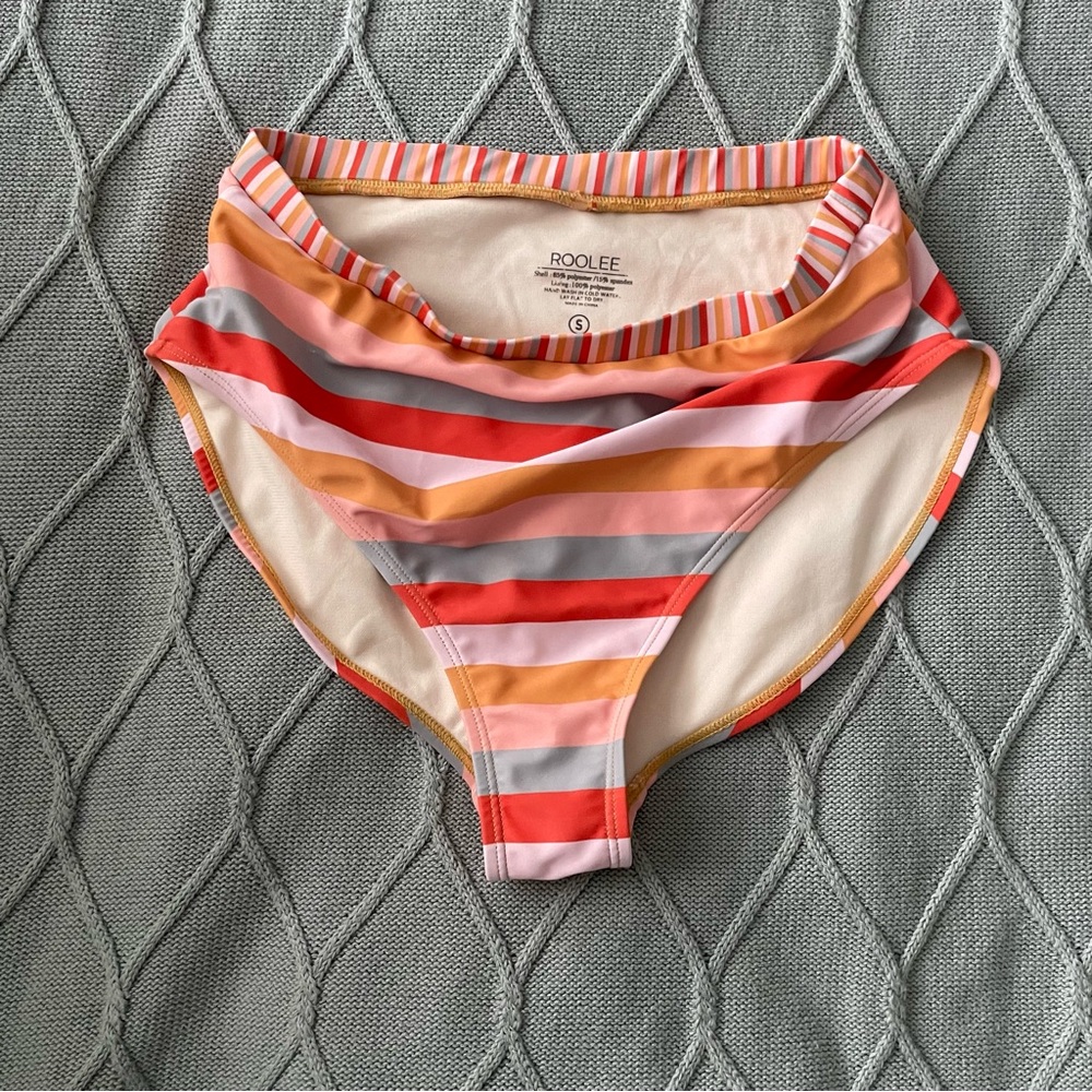 Roolee Striped Bikini Bottoms in Coral, Light Blue & Mustard